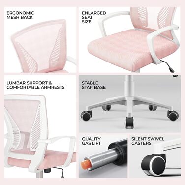 Офісне крісло Yaheetech ергономічне, з сітчастою спинкою, з підлокітниками, для офісу, комп'ютерне крісло, витримує до 136 кг, дихаюче, з функцією гойдання (Рожеве, фіксовані підлокітники)