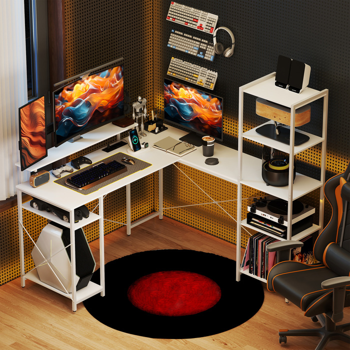 HOMCOM L-Shaped Gaming Desk with Shelf, Computer Desk with Monitor Stand, Power Outlet, USB Charging Port Corner Desk for Home Office, Bedroom, 137 x 140 x 139.5 cm White | Aosom