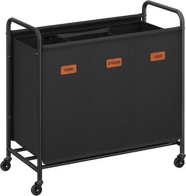 SONGMICS Laundry Basket with Wheels, 3-Compartment Laundry Sorter, 170 L Laundry Sorter, Mobile Laundry Cart, 5 Labels, for Laundry Room, Bedroom, Bathroom, Ink Black RLS330B01