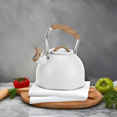 Чайник для плити Vegoran 3 літри зі свистком, з нержавіючої сталі з дерев'ястим декором, з ручкою-клямкою, для чаю, кави, молока (зелений) (білий/Розкішний сад)