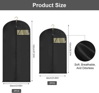 4 місткі мішки для одягу 60x120/100 см, чорні мішки для одягу, захисні чохли для костюмів, курток, вечірніх суконь з блискавкою, мішки для одягу 120 см для костюмів, курток, вечірніх суконь