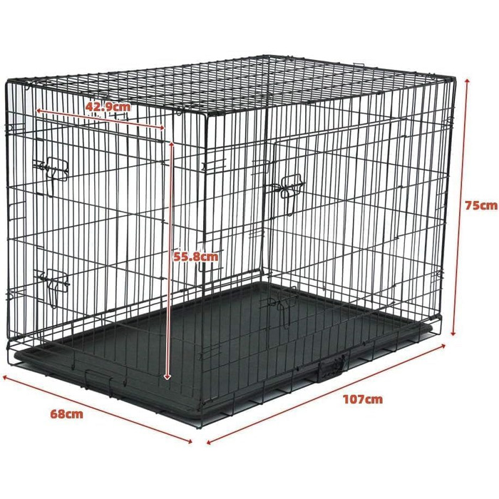 Клітка для собак складана з 2 дверцятами, переноска для собак в авто з піддоном (XL) 107 x 68 x 75 см