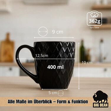 Набір кавових чашок BigDean 6 шт. 400 мл, чорний матовий керамічний посуд - подарунковий набір