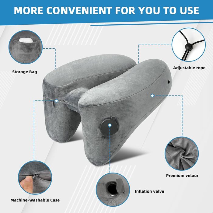 Подушка для шиї в літак надувна, подушка-літачок, подушка для дорослих з підголовником, капелюх, сумка, маска для сну, навушники для подорожей, авто, офіс (сіра)