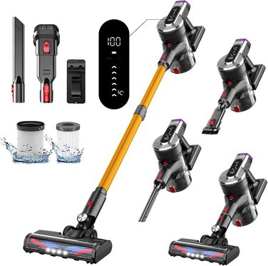 Акумуляторний бездротовий пилосос Hearten 4-в-1 з LED-дисплеєм та антизаплутувальною щіткою, керуванням в один дотик, LED-підсвічуванням для шерсті тварин/килимів/твердих підлог (Золотий)