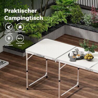 Складаний туристичний стіл 180x60x70 см з регулюванням висоти, алюмінієвий каркас, стільниця МДФ, багатофункціональний, для кемпінгу, саду, дачі