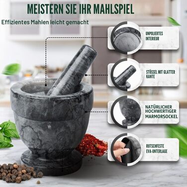 Ступка з масивної гранітної гірської породи Flexzion (10 см, чорна) — гранітний розтирач для спецій, трав, часнику та гуакамоле, кухонний молькахете