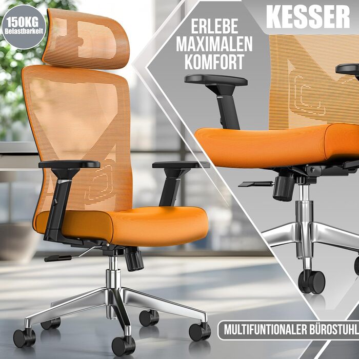 Офісне крісло KESSER® ергономічне з регульованими підлокітниками, поворотне з підтримкою попереку, з підголівником. Функція гойдання до 125° та 5 роликів. Оранжевий/срібний колір.