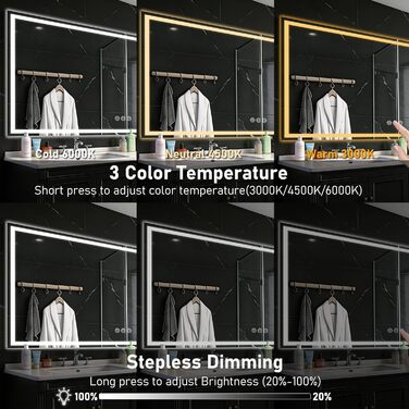 Дзеркало для ванної кімнати 50x70 см з підсвічуванням LED, антизапарник, диммер, 3 кольори світла