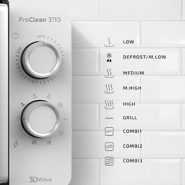 Мікрохвильова піч з грилем Cecotec Proclean 3110 Wave, 20 л, 700 Вт, біла з чорними дверцятами