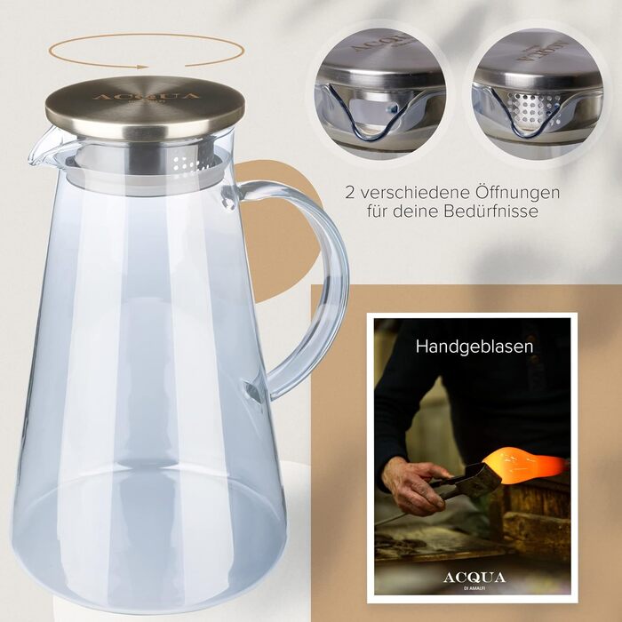 ACQUA DI AMALFI® Glass Carafe | Water Carafe 2 Liter with Stainless Steel/Bamboo Lid | Water Jug with Fruit Infuser | Leak-Proof | Carafe also as a Teapot (BLUE/BAMBOO)