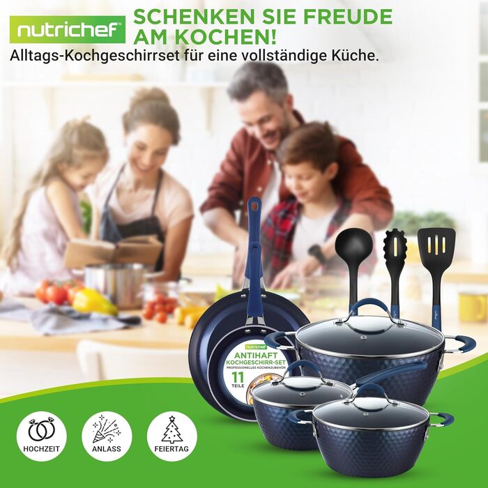 Набір посуду NutriChef 11 предметів: каструлі та сковорідки з антипригарним покриттям, для всіх типів плит (темно-синій)