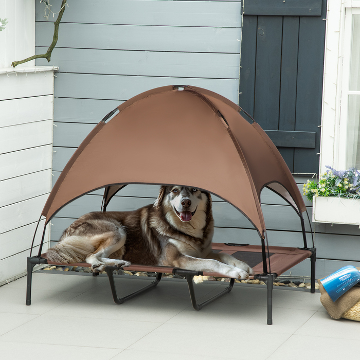 PawHut Pet Bed with Canopy, Elevated Dog Bed Outdoor, Breathable, Sateen Fabric, Coffee, 122x92x108 cm, ideal for dogs
