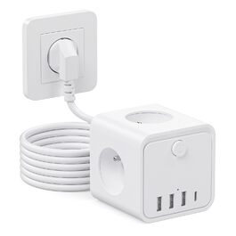Мережевий фільтр (подовжувач) 7 в 1 з USB-портами, 3 розетки, з вимикачем, кабель 2м, білий — для дому та офісу