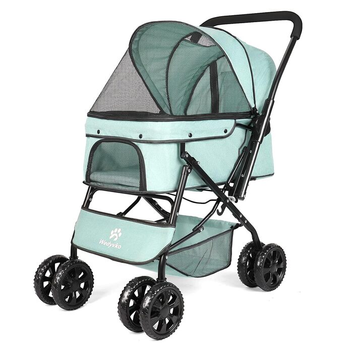 Візок для собак Wedyvko до 20 кг, 4 колеса, складаний, для маленьких та середніх собак та котів, з кошиком для зберігання та тримачем для напоїв (зелений)