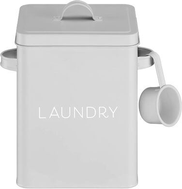 Navaris Laundry Detergent Box with Measuring Spoon - Metal Storage Box for Detergent - Laundry Dose Lid - Vintage Washing Powder Box Container - white (Grey)