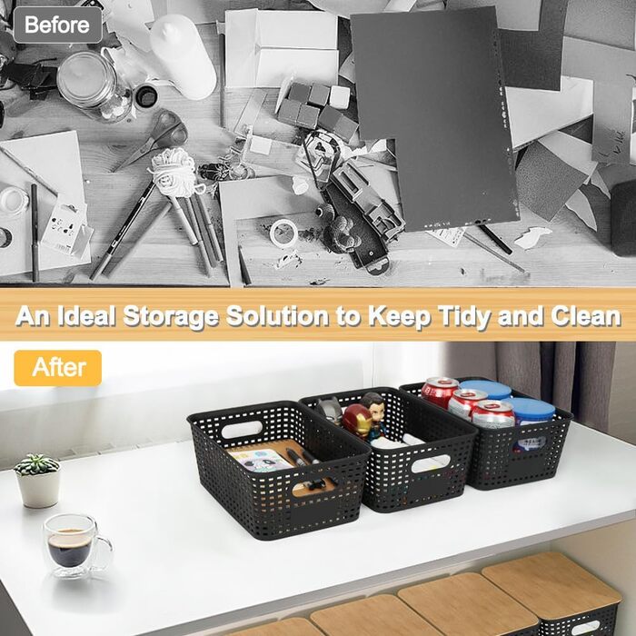 UHAPEER Storage Box with Bamboo Lid, 6 Pack Storage Basket, Plastic Basket Storage, Kitchen Organizer White, Stackable Storage Boxes, Box with Lid 25.6 x 18 x 10.7 cm (Black)
