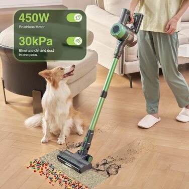 Акумуляторний пилосос 30000 Па, бездротовий пилосос з часом роботи 60 хв, тихий акумуляторний пилосос з LED-дисплеєм/антизаплутувальною насадкою, 450 Вт ручний пилосос для твердих поверхонь, килимів та шерсті тварин