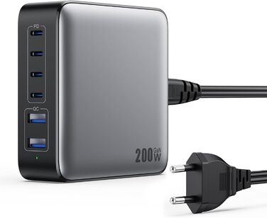 Мережевий адаптер USB-C на 6 портів 200W з GaN III Tech, PD+QC, з 4 USB-C та 2 USB-A, для ноутбуків та мобільних пристроїв (MacBook, iPad, iPhone, Samsung)