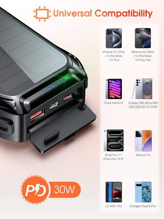Портативний зарядний акумулятор 26800mAh з сонячною панеллю, 30W PD, 15W Wireless, 3 порти, ліхтарик, для телефонів та планшетів, чорний
