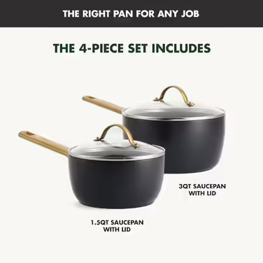 GreenPan Reserve Hartelox Ceramic Non-Stick Coating Cookware Set, 1.5QT and 3QT Saucepan Set with Lid, Gold-Colored Handle, PFAS-Free, Dishwasher Safe, Oven Safe, Black 4 Piece Set Black