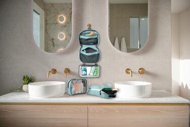 Набір туалетних сумок для подорожей: підвісна сумка + 3 сумки для рідин TSA + органайзер для аксесуарів, білий Ripstop (Dusty Teal)