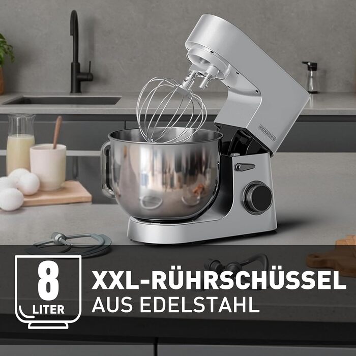 Кухонна машина Heinrichs з подвійним гаком для тіста, міксер, 2500W, 8L чаша з нержавіючої сталі, 8 швидкостей, тиха робота, колір 