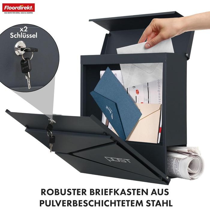 Поштовий ящик Floordirekt Jean Anthrazit з газетницею, замком та великим отвором для кореспонденції, антрацит