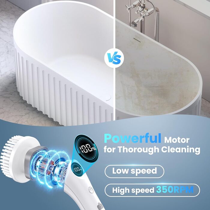 Електричний дриль-щітка для миття з 7 насадками, регульована ручка, потужний для ванної, кухні, плитки - IPX7 водонепроникний