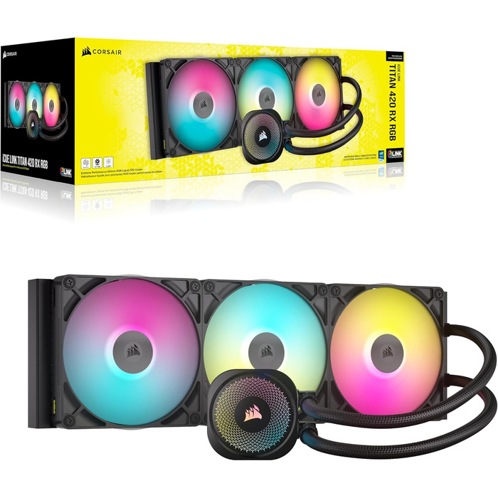Система водяного охолодження Corsair iCUE LINK Titan 240 RX RGB для CPU - 240 мм AIO з 2 вентиляторами RX120 RGB, сумісна з Intel LGA 1851/1700, AMD AM5/AM4, з iCUE LINK Hub (Чорний)