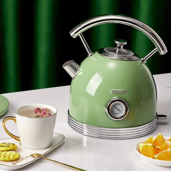 Ретро чайник з нержавіючої сталі, електрочайник та тостер-сет, 2200 Вт, 1,8 л, для чаю, кави, дитячого харчування, без BPA. Зелений вінтажний дизайн