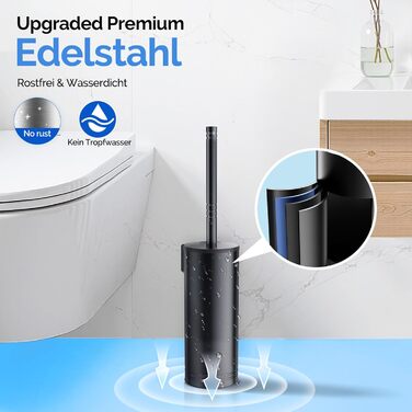 Набір для чищення унітазу HAMITOR з нержавіючої сталі: щітка для унітазу з кріпленням на стіну без свердління, для глибокого очищення під краєм, з швидковисихаючим підставкою, довга ручка, чорний, 1 шт.