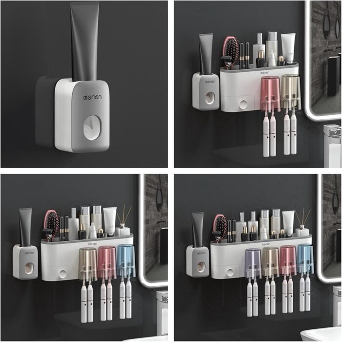 Drill-free toothbrush holder, wall-mounted, bathroom shelf with 1 automatic toothpaste dispenser, 6 brush hooks, 1 cosmetic drawer, organizer, and ample storage space (1 dispenser + 3 cups)