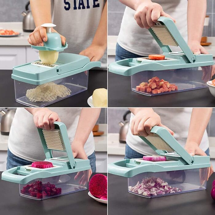 Мандоліна для нарізання овочів ADOV, 12 в 1, багатофункціональна, з захистом рук, з нержавіючої сталі, для овочів, фруктів, сиру, цибулі, картоплі, Julienne, подрібнювач (блакитна)