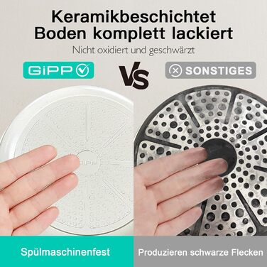 Набір посуду GiPP 17-ти частинний: каструлі, сковорідки з антипригарним покриттям, сковорідки 24+28 см, каструля 4.2 л, каструлі 16+18 см, сковорода для омлету з 4-ма отворами, лопатка та ложка, підходить для всіх типів плит (білий)
