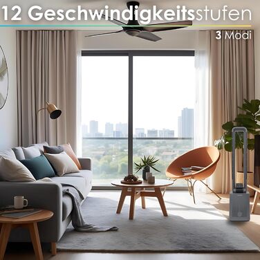 Турбовентилятор Echos Golo Grey: тихий, з пультом, осциляція, LED-дисплей, 3 режими, 12 швидкостей, таймер 15h