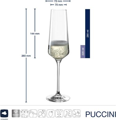 Набір келихів для просекко LEONARDO HOME PUCCINI 280 мл, 6 шт, міцне скло, підходить для посудомийки, з серветкою для полірування