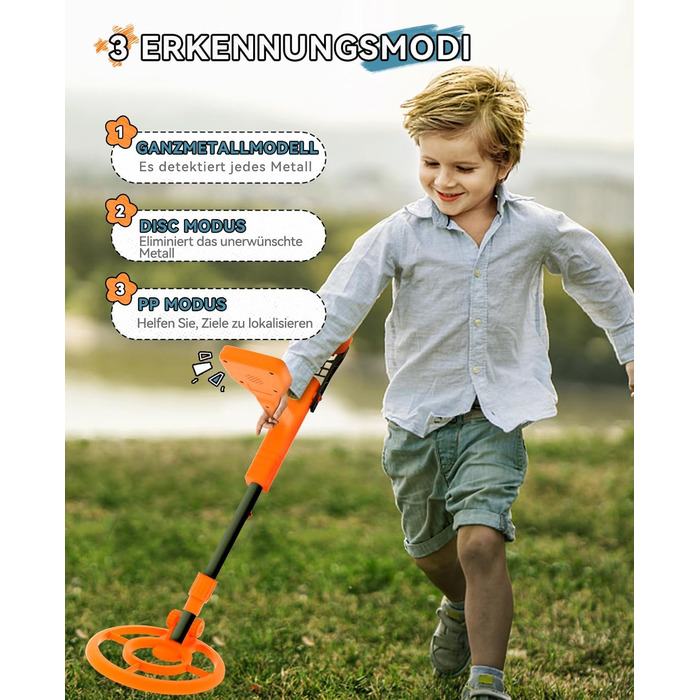 Металодетектор SUNPOW для дітей - LCD-дисплей з мультфільмами, водонепроникна котушка IP68, унісекс дизайн, 3 режими (All Metal/Disc/Pinpoint), регульована ручка 81-102 см для дітей 5-12 років, помаранчевий