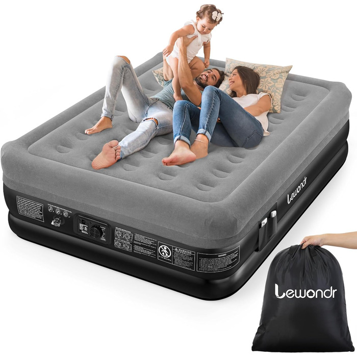 Надувне ліжко Lewondr на 2 особи з вбудованим насосом, 203x152x46 см, сірого кольору. Комфортна повітряна матрац для дому, відпочинку, кемпінгу та гостей. Максимальне навантаження 300 кг.