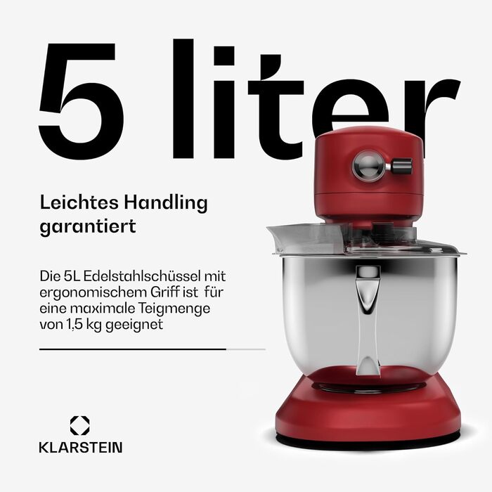 Кухонна машина Klarstein Chiara 1600W з чашею 5л з нержавіючої сталі, 12 швидкостей, LCD-дисплеєм, тиха робота ≤72 dB, набір для випічки, сумісний з посудомийною машиною, корпус з алюмінію, червона