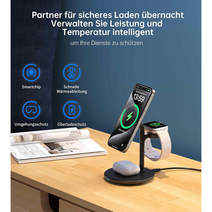 3-в-1 індукційна зарядка для декількох пристроїв, 15W MagSafe зарядка для iPhone 15/14, MagSafe зарядний пристрій для iWatch Ultra 2/1/Series 9/8, AirPods, білий/чорний