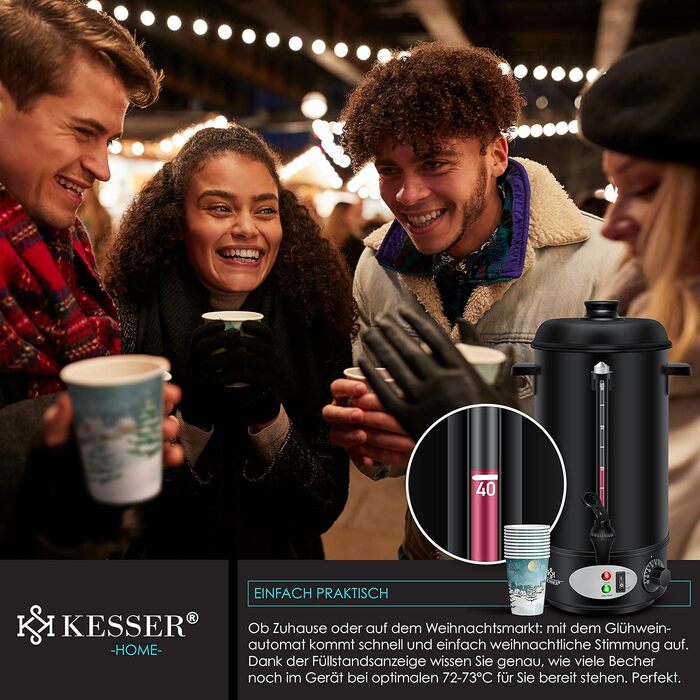 KESSER® Mulled Wine Boiler 8L Stainless Steel Incl. 10 Cups Mulled Wine Cooker with Thermostat Mulled Wine Dispenser Hot Beverage Dispenser Water Boiler Hot Water Dispenser Canning Device Level Indicator Tap Black
