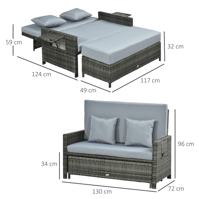 Крісло-диван Polyrattan Outsunny на 2 місця, садовий диван з подушками та пуфом, сірий шезлонг для тераси та балкону