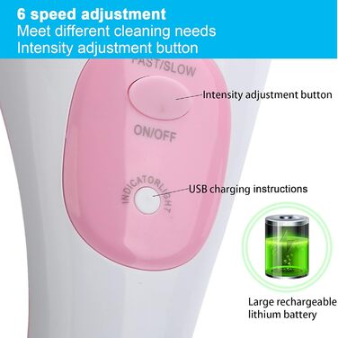 Electric Body Scrub Brush with USB Charger, 6 Speed Adjustable Body Brush Set Shower Brush Back Scrubber Multifunction Long Handle Massager, Long Handle for (Pink)