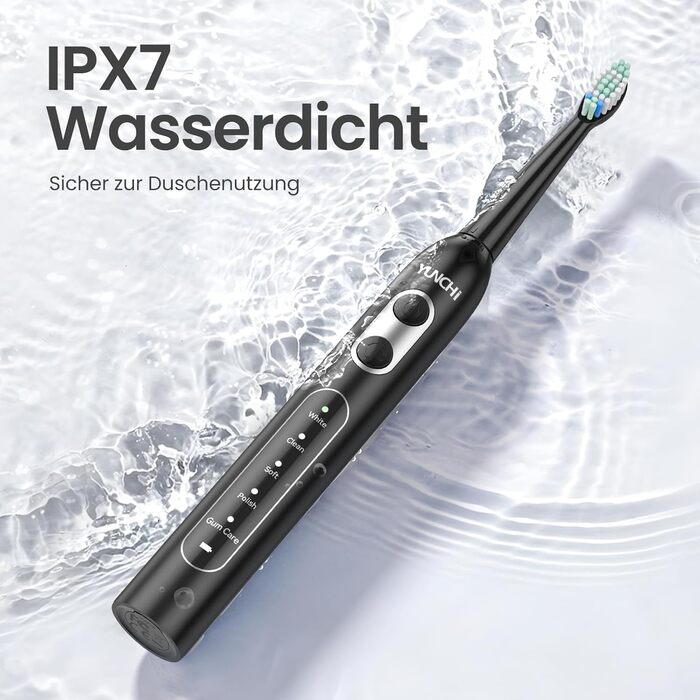 Електрична зубна щітка YUNCHI C2 з 40000 VPM, звукова щітка для дорослих, зарядка USB-C, 55 днів роботи від акумулятора, 5 режимів чищення, таймер 2 хвилини, 8 насадок, дорожній футляр, чорна YUNCHI C2
