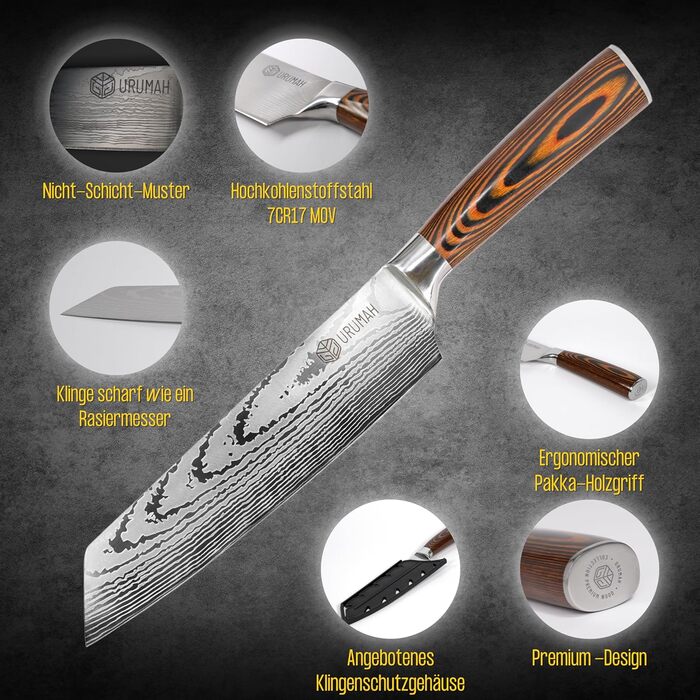 Японський ніж Kiritsuke від URUMAH: професійний ніж шеф-кухаря з високоякісної сталі 7CR17MoV з дерев'яною ручкою. У подарунковій коробці з захистом леза.