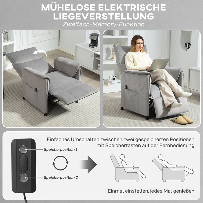 HOMCOM Electric Recliner TV Chair with Memory Function, Quiet Operation, Reclining Function, Adjustable Reclining Chair with Pet-Friendly Velvet-Like Fabric, Remote Control, Grey | Aosom