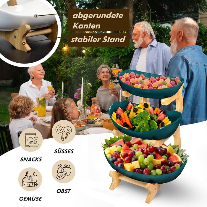 Керамічна фруктова тарілка на бамбуковому підставці, 3 яруси, для фруктів, закусок, випічки, стильна, сучасна, зелена