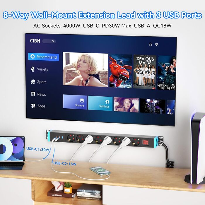 Мережевий фільтр із захистом від перенапруги, 10 розеток, поворотний на 360°, для стін, 1.8м, 16A/4000W, для офісу та дому, чорний