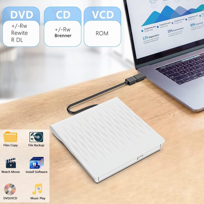 Зовнішній DVD/CD привід USB 3.0 та Type-C, DVD-записувач +/-RW для ноутбука та ПК, сумісний з Windows, macOS, Linux (Білий)